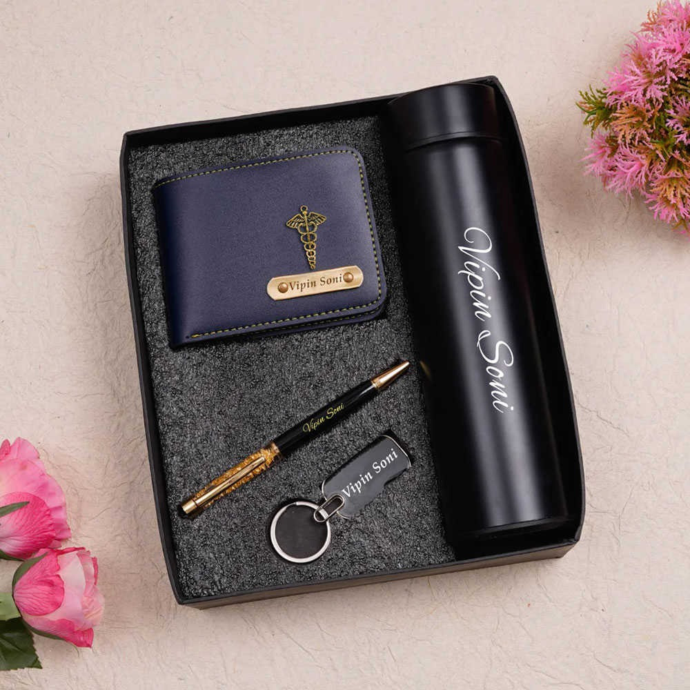 Personalized Gift Combo for Men - Wallet, Keychain, Pen & Bottle - Navy Blue