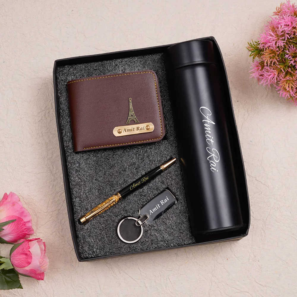 Personalized Gift Combo: Men's Wallet, Keychain, Pen & Bottle - Brown