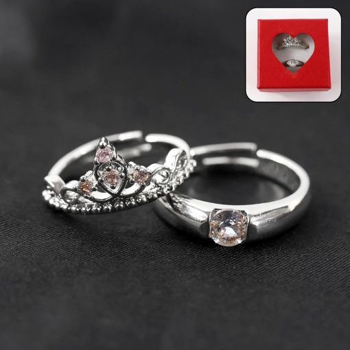 Sterling Oxidised Silver Couple Ring Set (2 Pcs) with Red Love Gift Box – Perfect Gift for Valentine’s Day & Anniversaries