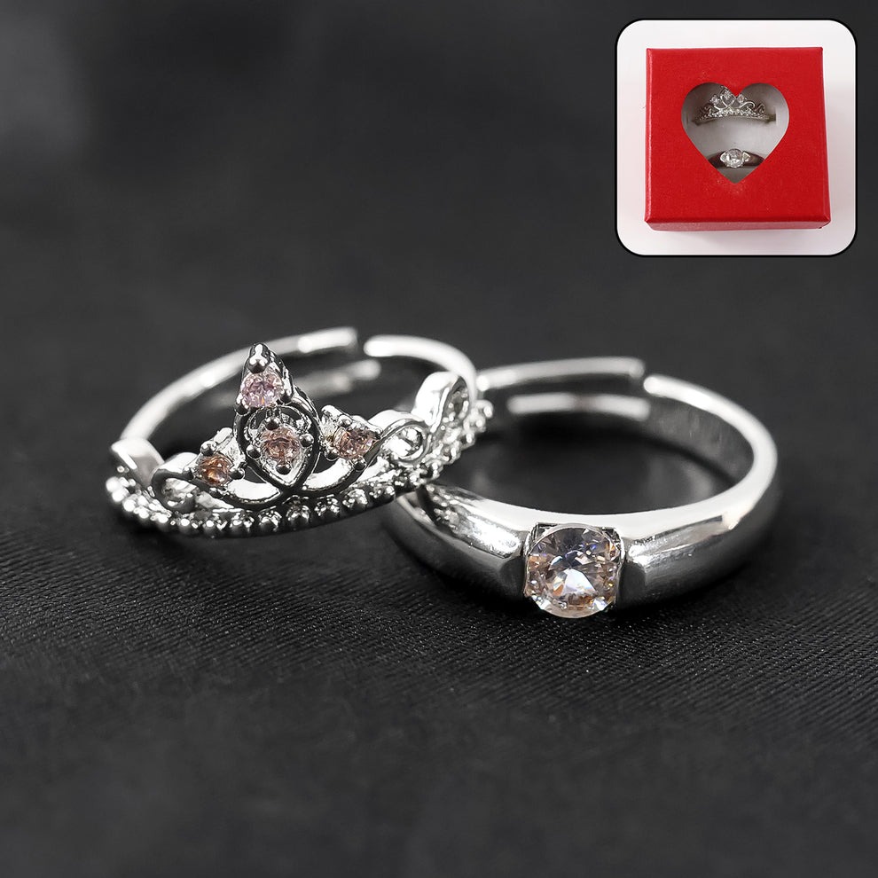 Sterling Oxidised Silver Couple Ring Set (2 Pcs) with Red Love Gift Box – Perfect Gift for Valentine’s Day & Anniversaries