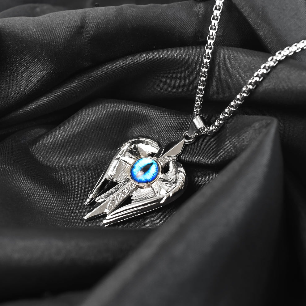 Silver Plated Angel Wings Cross Blue Eye Pendant with Chain Necklace for Men & Boys