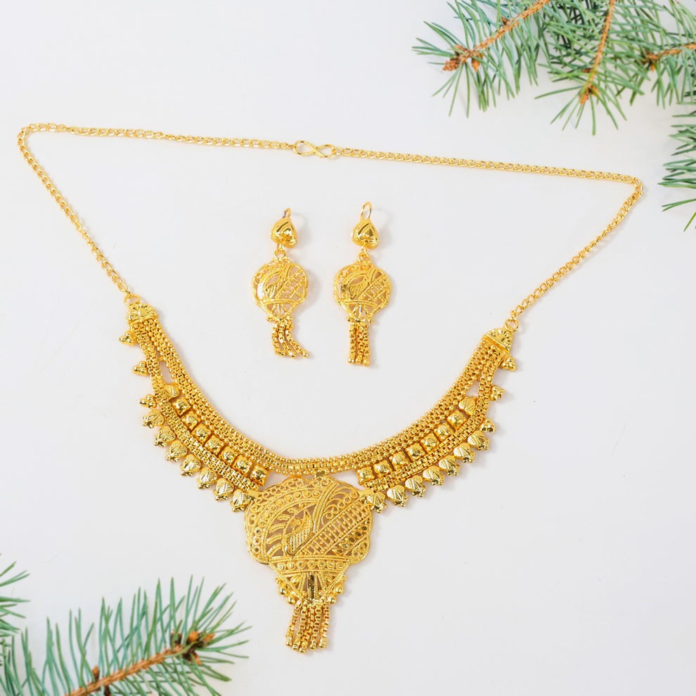 Gorgeous Brass Gold Necklace and Earrings Set for Women & Girls | Traditional 2-Piece Jewelry Combo - Image 3