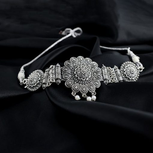 Oxidised Silver Choker with Matching Jhumka Earrings for Women – Traditional Brass Necklace Set - Image 5
