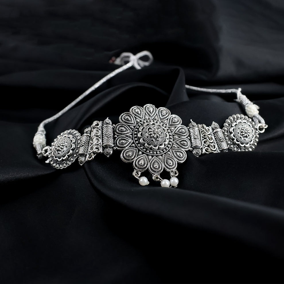 Oxidised Silver Choker with Matching Jhumka Earrings for Women – Traditional Brass Necklace Set - Image 5