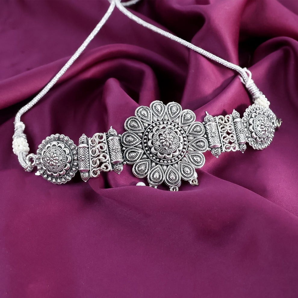 Oxidised Silver Choker with Matching Jhumka Earrings for Women – Traditional Brass Necklace Set - Image 4