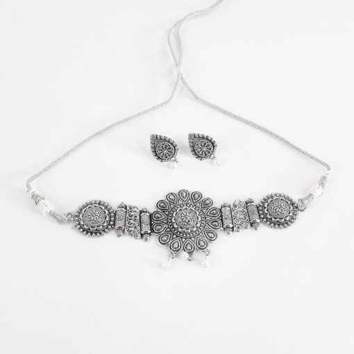 Oxidised Silver Choker with Matching Jhumka Earrings for Women – Traditional Brass Necklace Set - Image 2