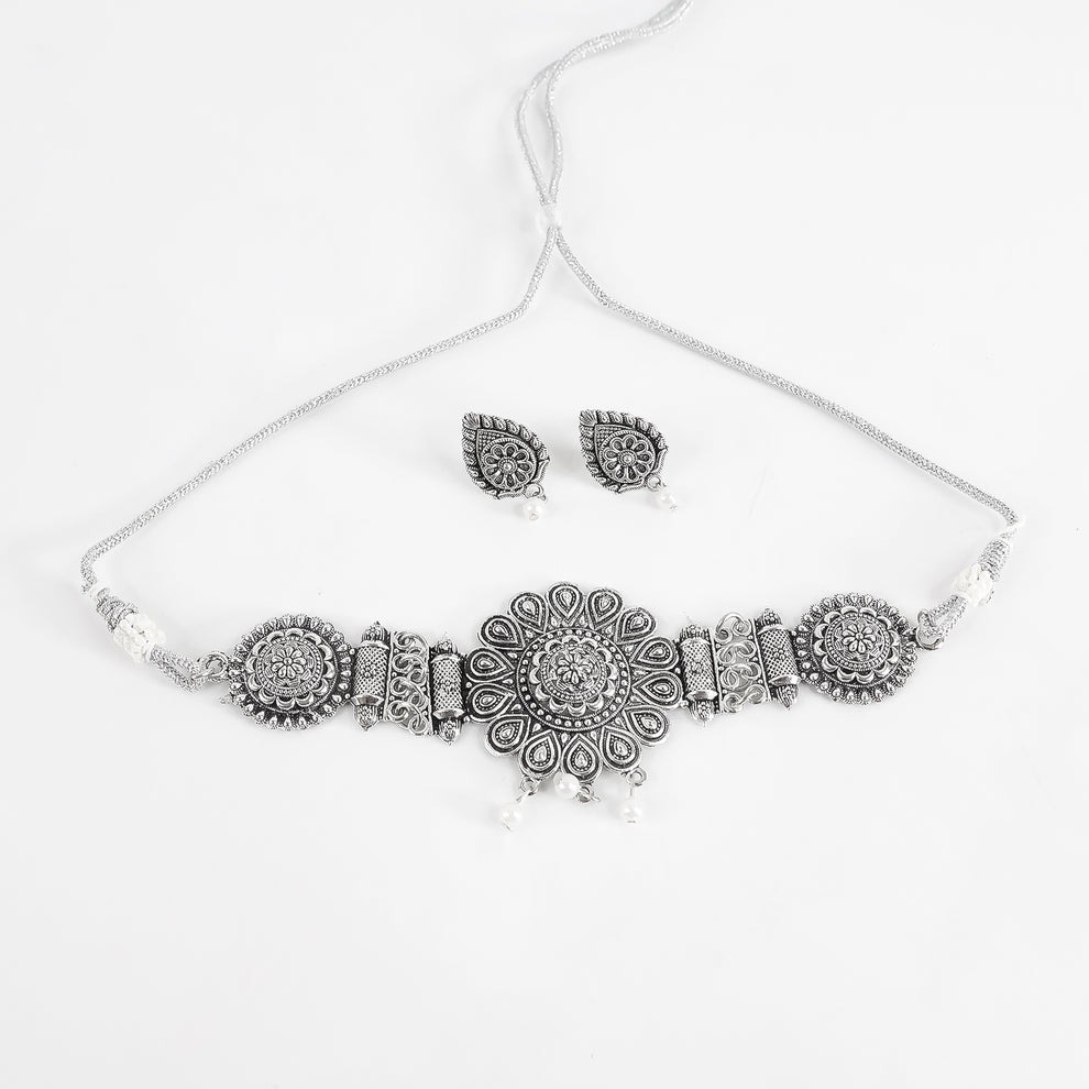 Oxidised Silver Choker with Matching Jhumka Earrings for Women – Traditional Brass Necklace Set - Image 2