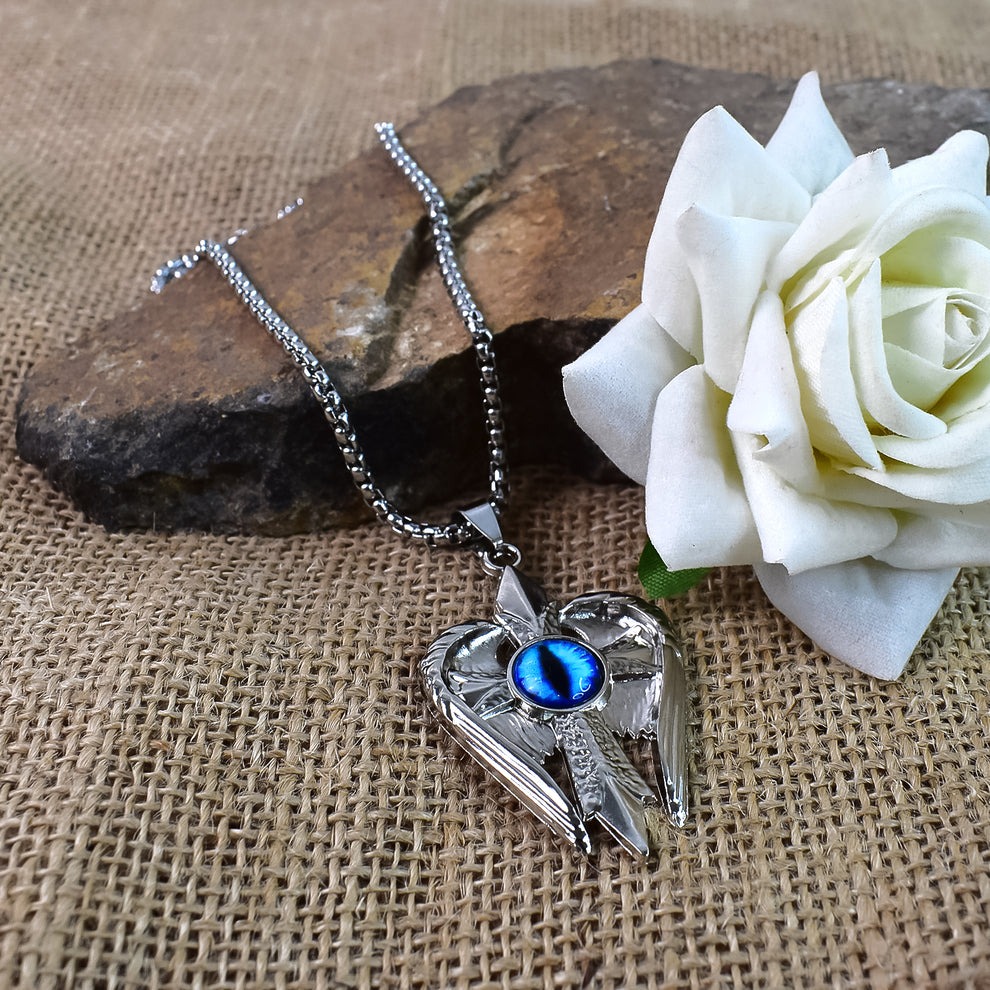 Silver Plated Angel Wings Cross Blue Eye Pendant with Chain Necklace for Men & Boys - Image 2