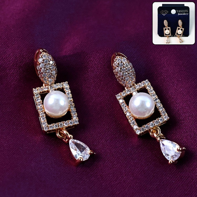 Stylish Pearl and CZ Stone Rectangle Drop Earrings for Women | Elegant Party & Daily Wear Jewelry - Image 5