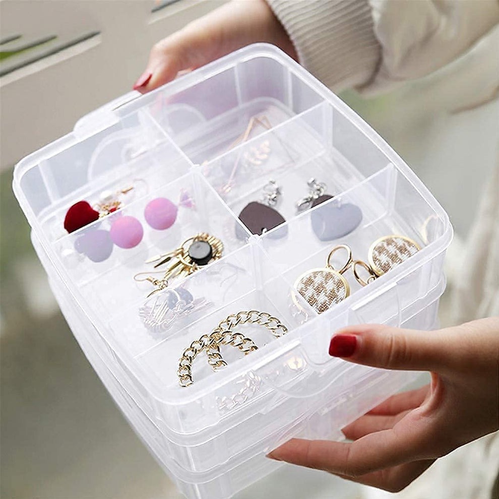 3-Tier Transparent Plastic Storage Box with 18 Adjustable Compartments – Stackable Organizer for Jewelry, Toys & Crafts - Image 2