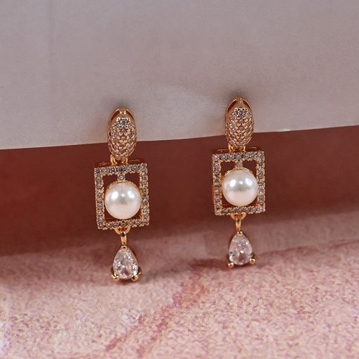 Stylish Pearl and CZ Stone Rectangle Drop Earrings for Women | Elegant Party & Daily Wear Jewelry - Image 4