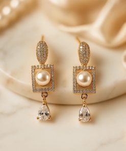 Stylish Pearl and CZ Stone Rectangle Drop Earrings for Women | Elegant Party & Daily Wear Jewelry