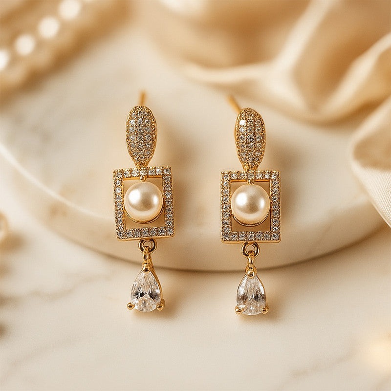 Stylish Pearl and CZ Stone Rectangle Drop Earrings for Women | Elegant Party & Daily Wear Jewelry