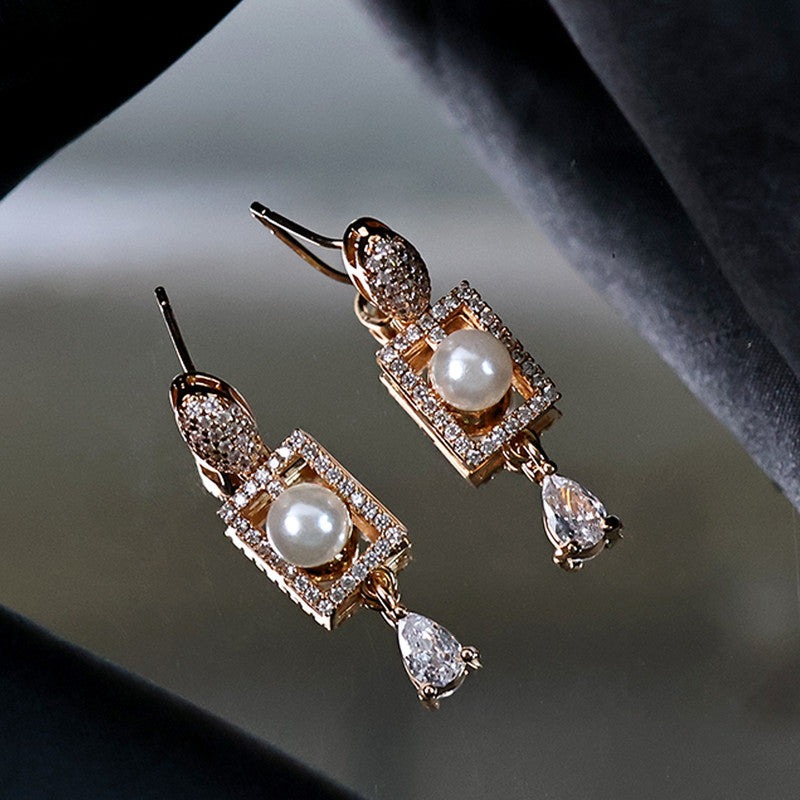 Stylish Pearl and CZ Stone Rectangle Drop Earrings for Women | Elegant Party & Daily Wear Jewelry - Image 3