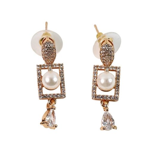 Stylish Pearl and CZ Stone Rectangle Drop Earrings for Women | Elegant Party & Daily Wear Jewelry - Image 2