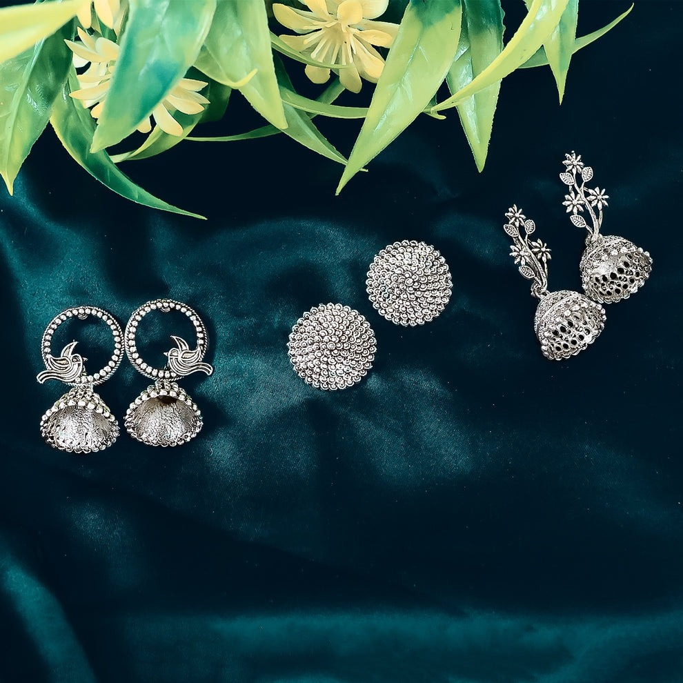 Silver Oxidised Earrings Combo for Women & Girls | Stylish 3-Piece Jhumka and Dangler Set | Skin-Friendly Fashion Jewellery