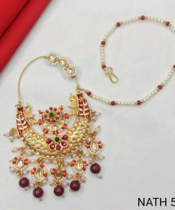 Traditional Rajputi Nath for Women and Girls – Gold Plated Bridal Nose Ring with Beads & Stones