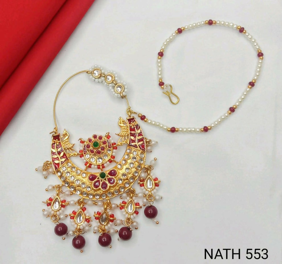 Traditional Rajputi Nath for Women and Girls – Gold Plated Bridal Nose Ring with Beads & Stones