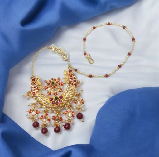 Traditional Rajputi Nath for Women and Girls – Gold Plated Bridal Nose Ring with Beads & Stones - Image 4