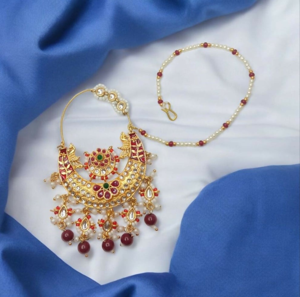 Traditional Rajputi Nath for Women and Girls – Gold Plated Bridal Nose Ring with Beads & Stones - Image 4