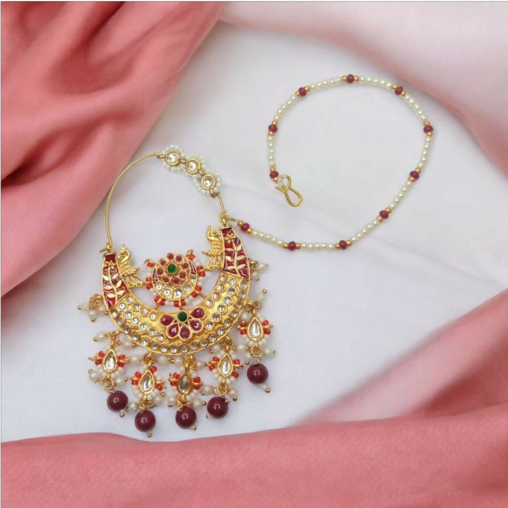 Traditional Rajputi Nath for Women and Girls – Gold Plated Bridal Nose Ring with Beads & Stones - Image 2