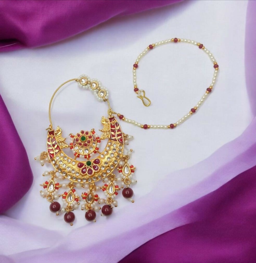 Traditional Rajputi Nath for Women and Girls – Gold Plated Bridal Nose Ring with Beads & Stones - Image 3