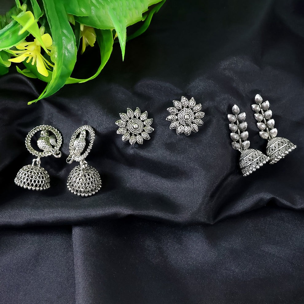 Women’s Silver Plated Oxidized Jhumka Earrings Combo Set of 3 | Traditional & Stylish Dangler Earrings for Women and Girls | Perfect for Festive and Ethnic Wear