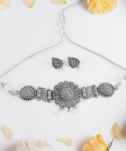 Oxidised Silver Choker with Matching Jhumka Earrings for Women – Traditional Brass Necklace Set