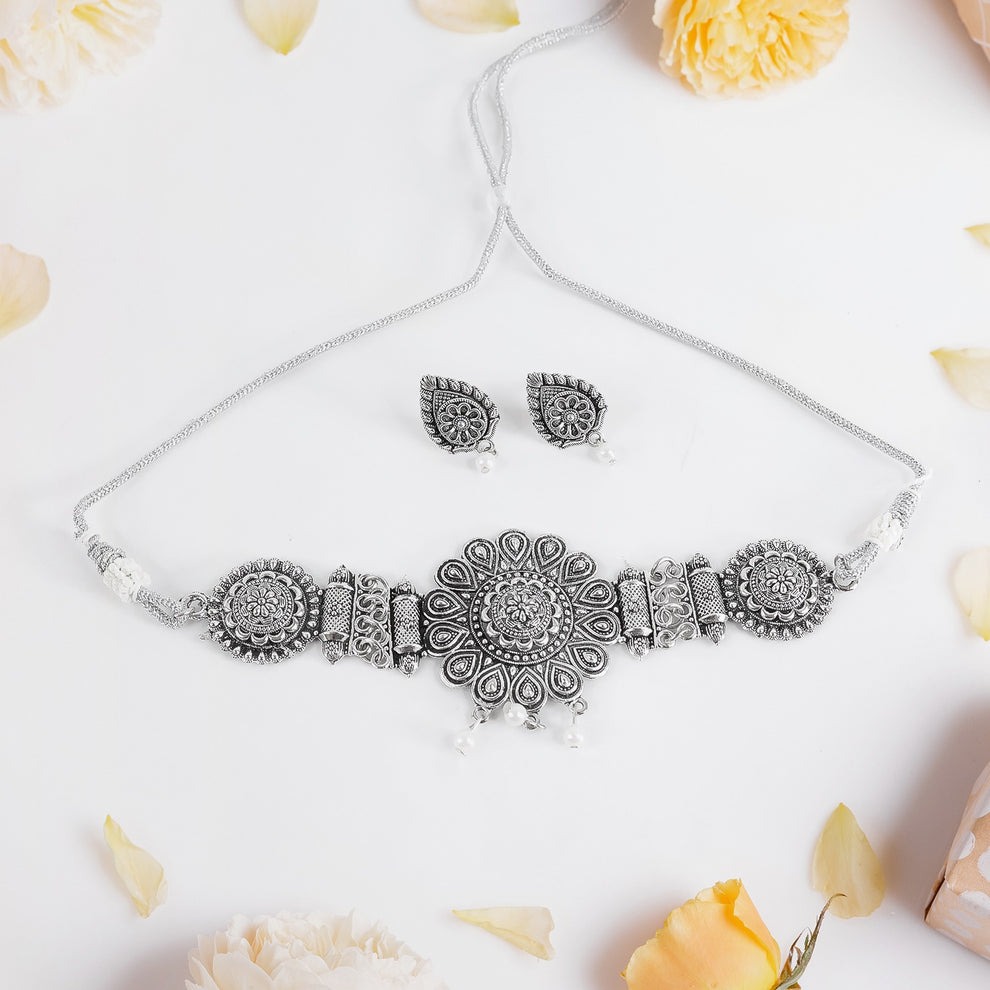 Oxidised Silver Choker with Matching Jhumka Earrings for Women – Traditional Brass Necklace Set