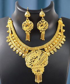 Gorgeous Brass Gold Necklace and Earrings Set for Women & Girls | Traditional 2-Piece Jewelry Combo
