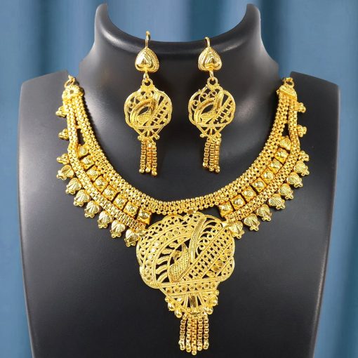 Gorgeous Brass Gold Necklace and Earrings Set for Women & Girls | Traditional 2-Piece Jewelry Combo