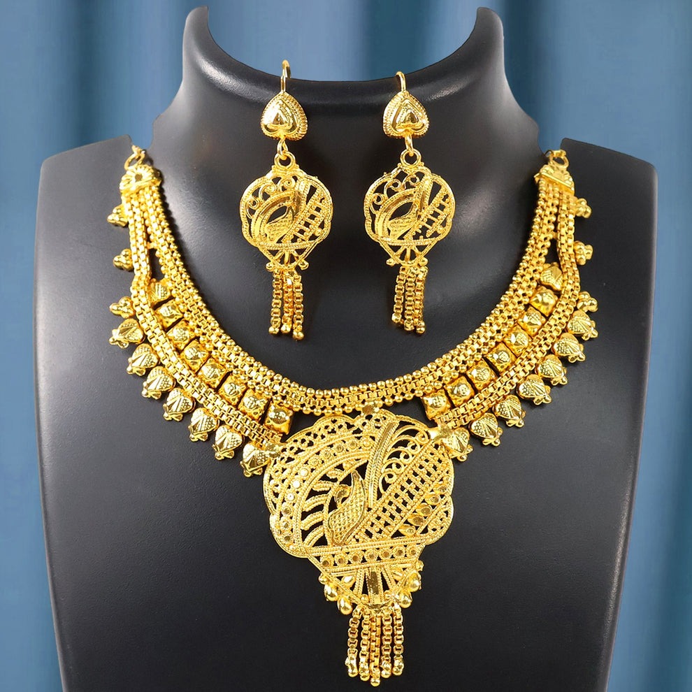 Gorgeous Brass Gold Necklace and Earrings Set for Women & Girls | Traditional 2-Piece Jewelry Combo