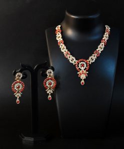Red & White Diamond Necklace with Earring Set – Elegant Jewellery for Women & Girls