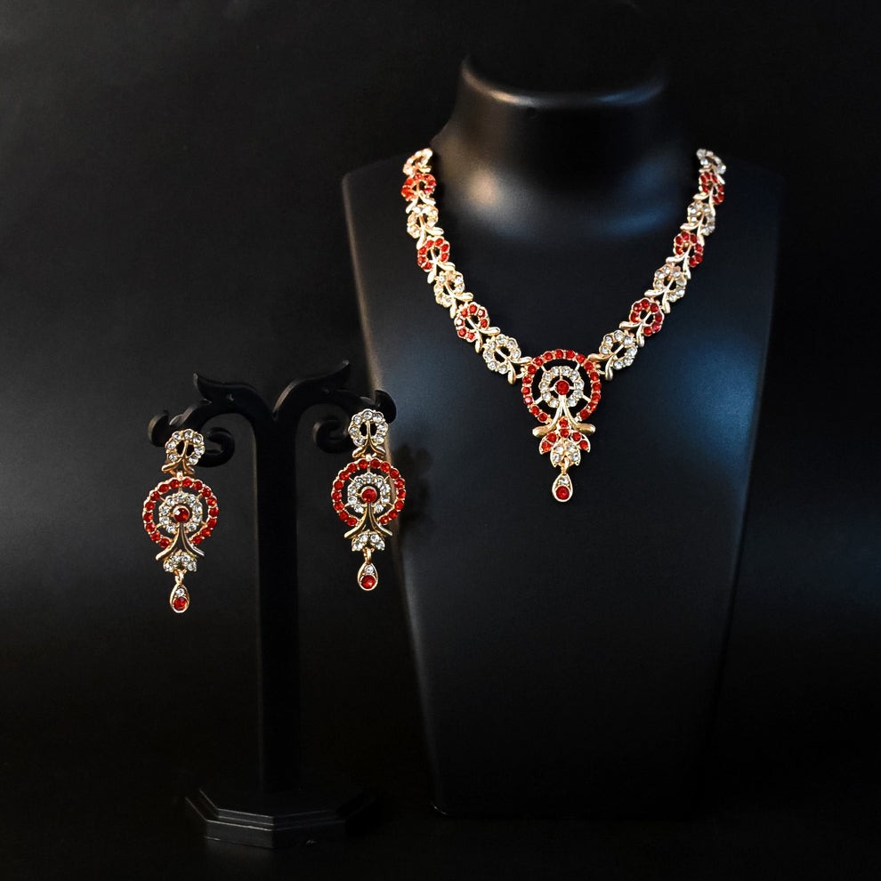 Red & White Diamond Necklace with Earring Set – Elegant Jewellery for Women & Girls