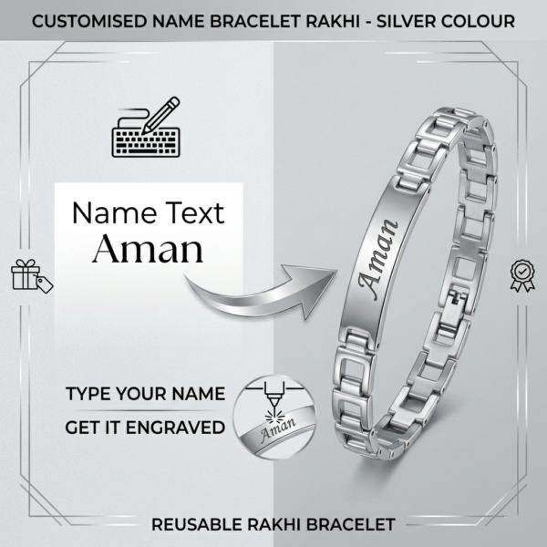 Customised Name Bracelet Rakhi – Silver Colour | Personalized Bracelet Rakhi with Name for Brother
