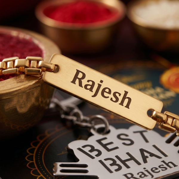 Custom Name Bracelet Rakhi And Best Bhai Keychain Combo