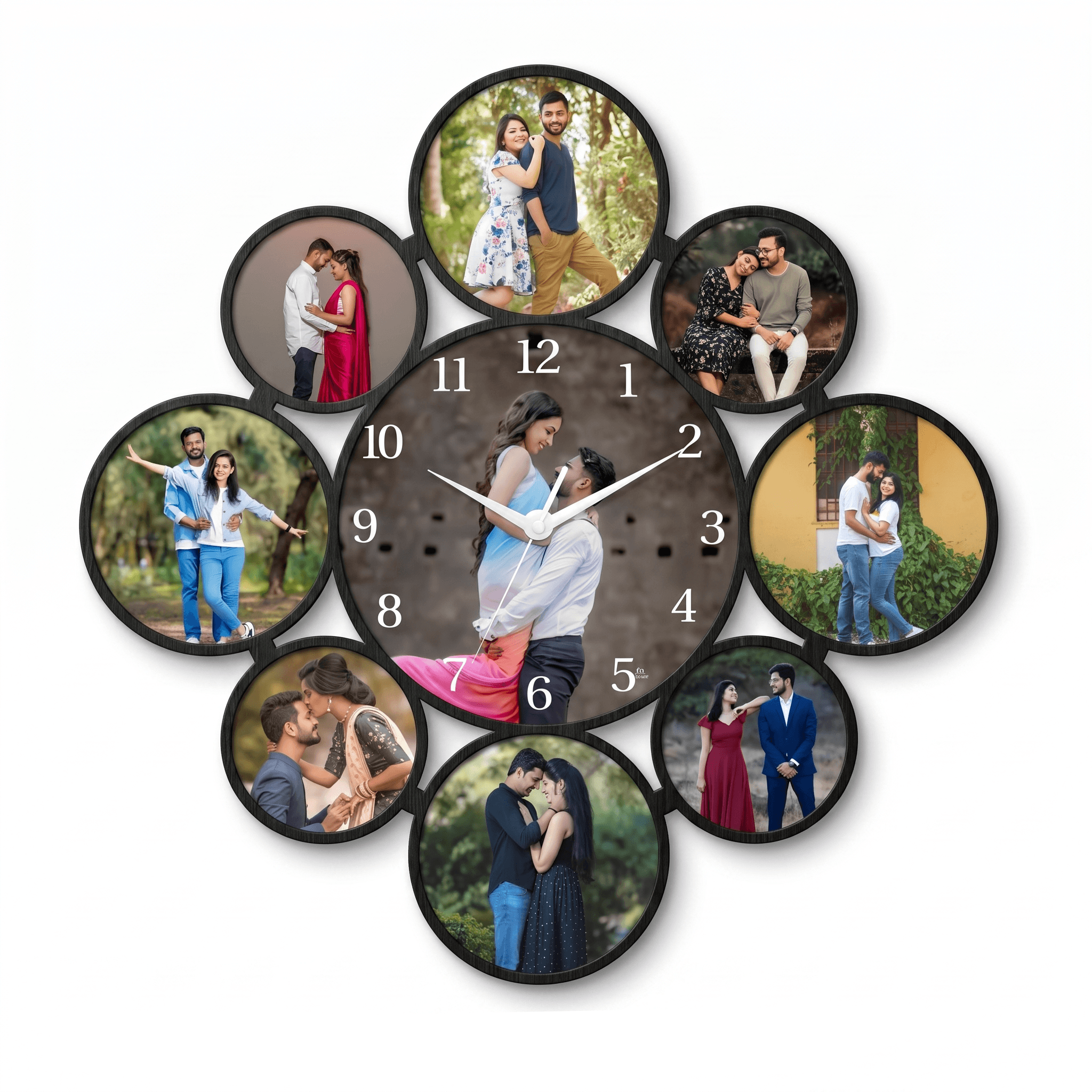 9 Circles Personalized Wooden Photo Wall Clock – Custom Picture Clock with 9 Photos for Birthday & Anniversary Gifts