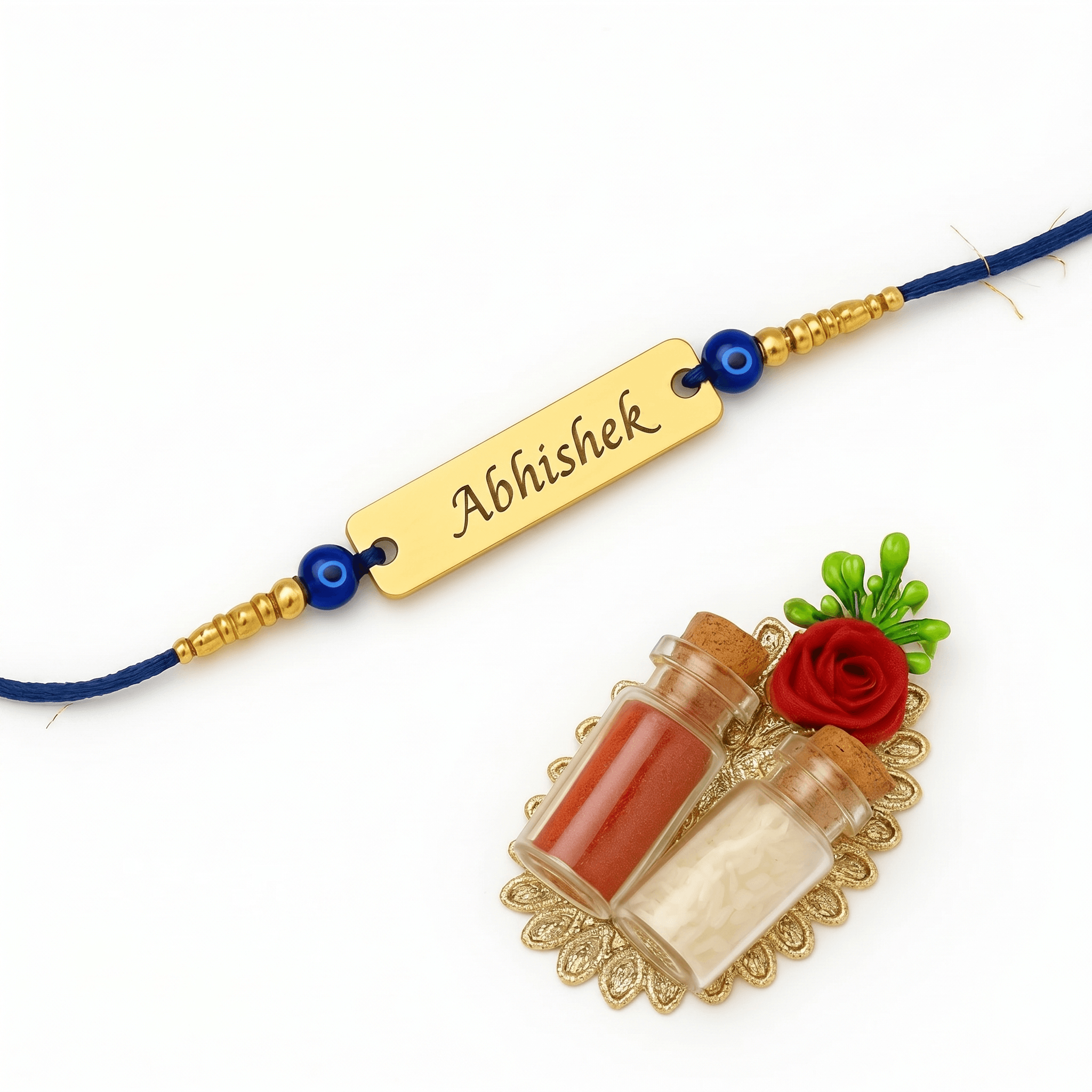 Customized Evil Eye Name Rakhi – Personalized Brass Rakhi with Laser Engraved Name for Brother