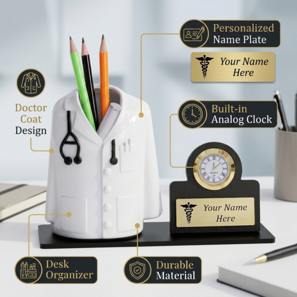 Wooden Pen Stand For Doctors With Clock Gift Wooden Pen Stand For Doctors With Clock Gift