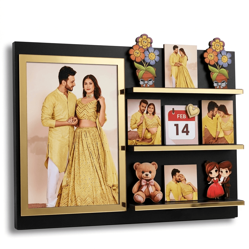 Personalized 3D Miniature Standy Couple Photo Frame with Calendar & Mini Shelf Décor | Custom Romantic MDF Frame 8×6 Inch