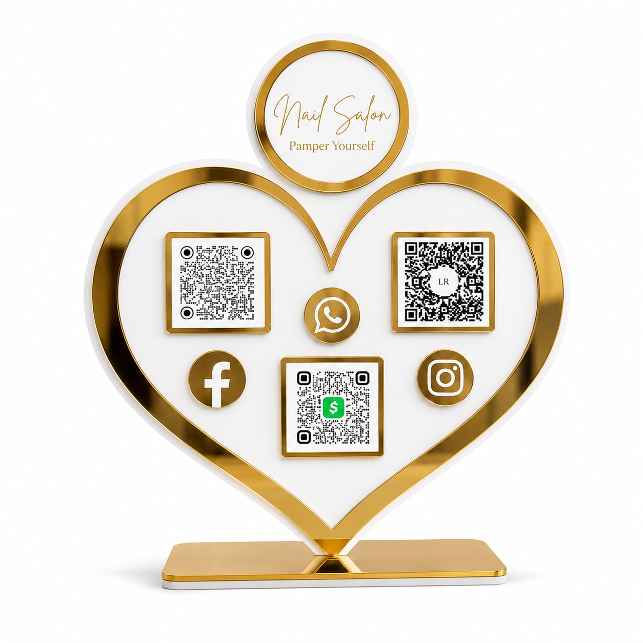 Custom Heart-Shaped Acrylic QR Code Stand – Personalized Gold & White Salon Payment & Social Media Display