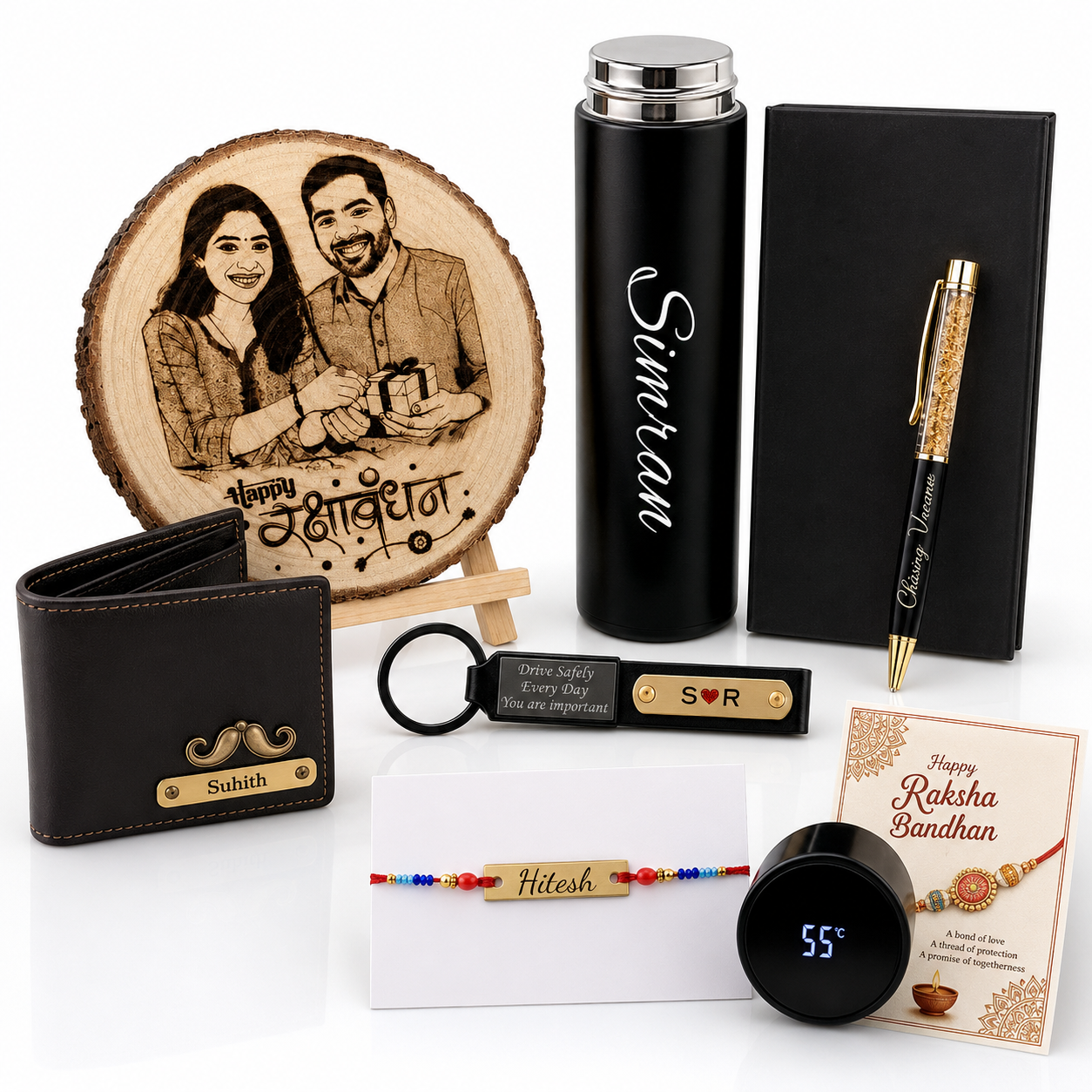 Personalized Rakhi Gift Combo for Brother – Custom Name Rakhi Hamper with Photo Frame, Bottle, Wallet & Keychain
