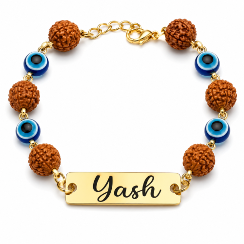 Customized Evil Eye Rudraksha Bracelet Rakhi With Name