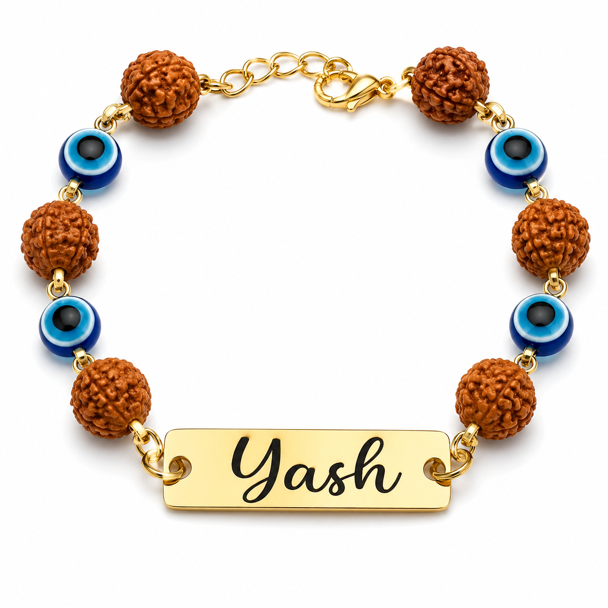 Personalized Evil Eye Rudraksh Rakhi with Name – Custom Rudraksha & Evil Eye Bracelet for Brother | Premium Raksha Bandhan Gift