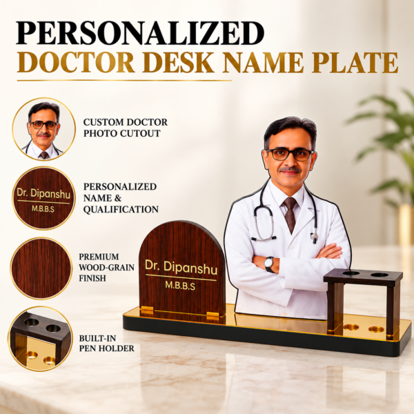 Personalized Doctor Desk Name Plate with Photo | Custom Wooden Doctor Name Board with Pen Holder for Clinic, Hospital & Medical Office
