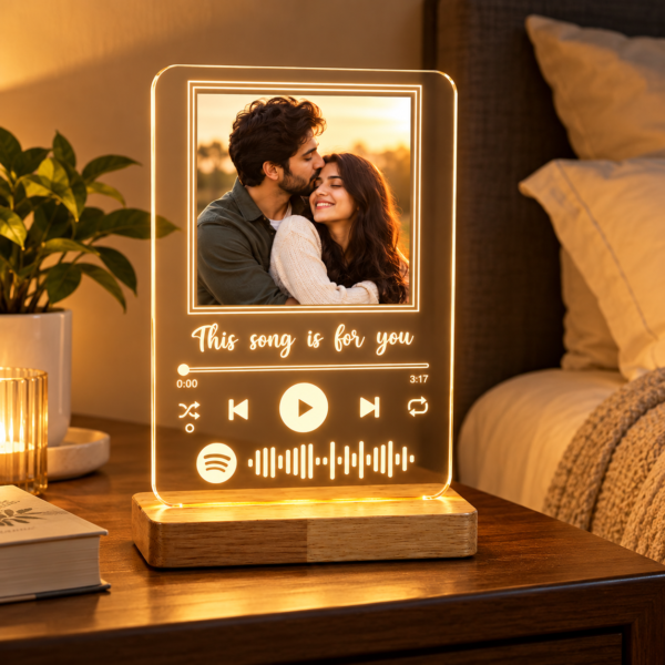 Personalized Spotify Photo LED Lamp with Custom Song Code | Acrylic Music Frame Night Light with Wooden Base
