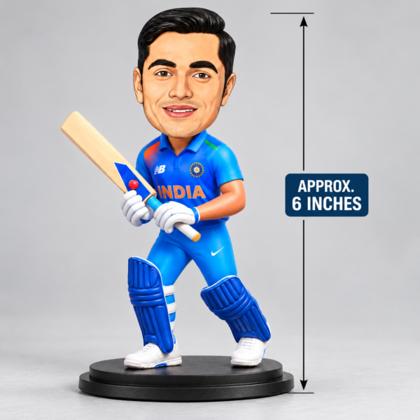 Personalized Cricket Player Caricature from Photo – 6 Inch Custom Cricketer Figurine in Blue Cricket Jersey