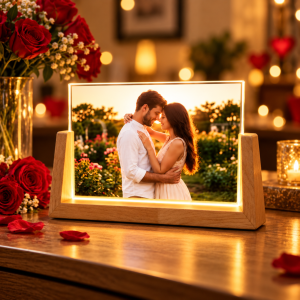 Personalized LED Photo Frame with Wooden Base – Custom 3D Acrylic Photo Collage Lamp, 8 Inch Romantic Gift