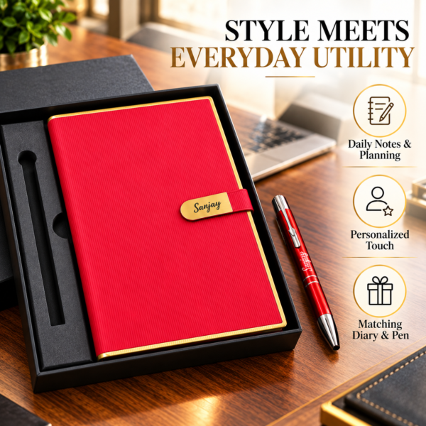Premium Customized Red Diary & Metal Pen Gift Set with Gift Box | Personalized Name Notebook for Corporate Gifting, Office & Professionals