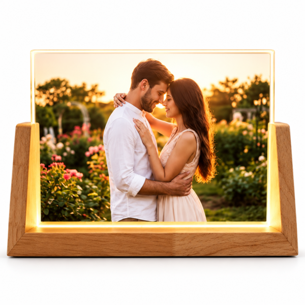 Personalized LED Photo Frame with Wooden Base – Custom 3D Acrylic Photo Collage Lamp, 8 Inch Romantic Gift